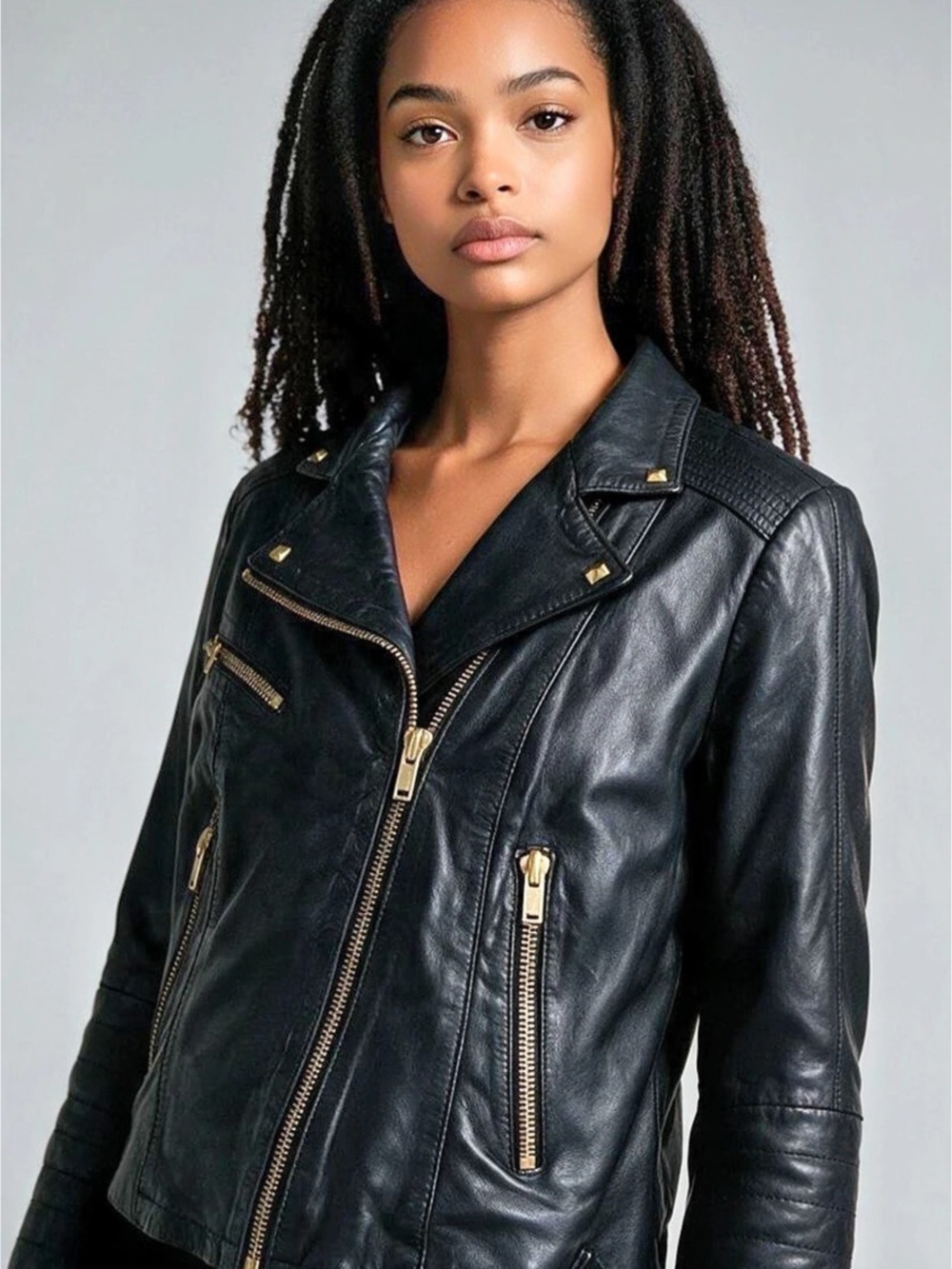 Mango Women's Black Lambskin Leather Moto Jacket Size Medium